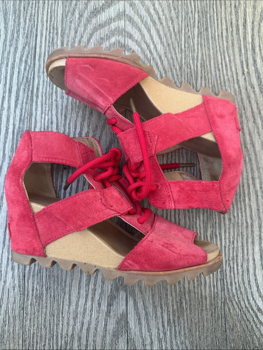 Sorel Red Suede Lace-Up Wedge Sandals